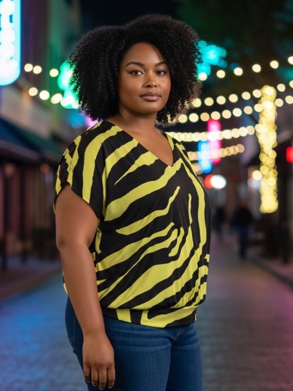 Worthington Black and lime green Zebra-Print V‑Neck Short Sleeve Blouse